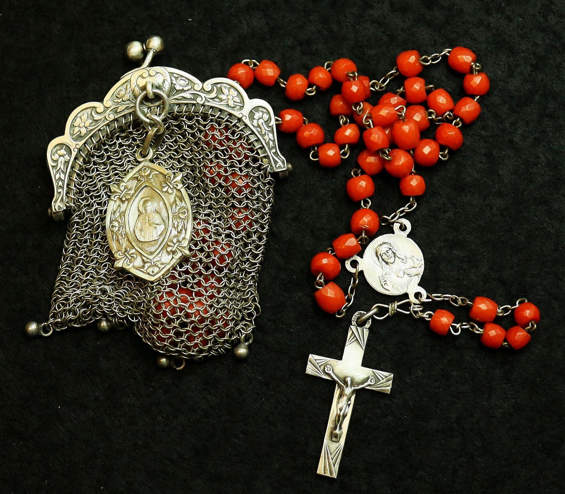 Vintage Sardinian Coral & Sterling Catholic Rosary in Sterling Mesh Purse with Sterling Medal- all Art Nouveau