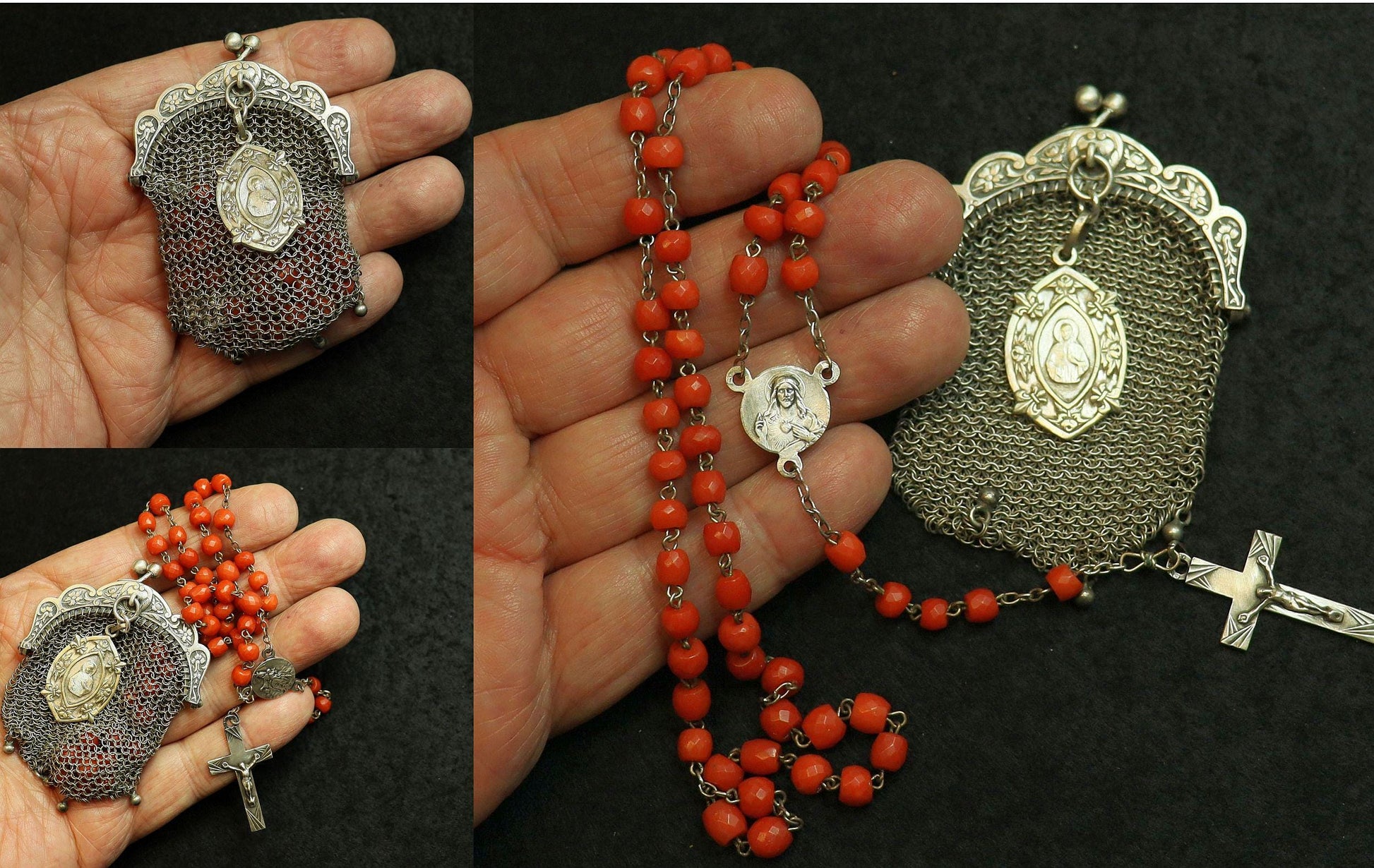 Vintage Sardinian Coral & Sterling Catholic Rosary in Sterling Mesh Purse with Sterling Medal- all Art Nouveau