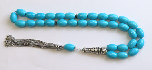 Turquoise & Sterling Tesbih Rosary Barrel Shape Beads - Rare Collector's Choice