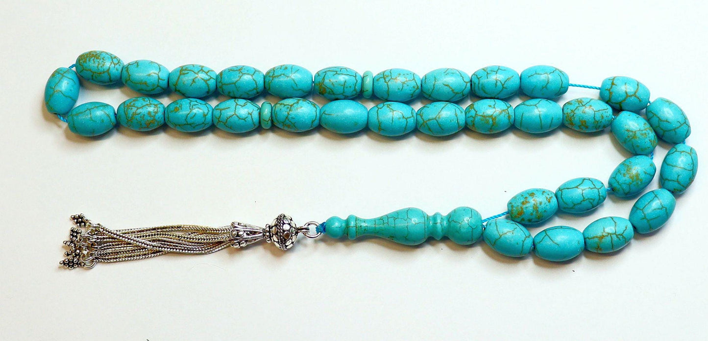 Gold Matrix Turquoise Tesbih: Sterling Silver Tassel, Hand Carved Main Bead