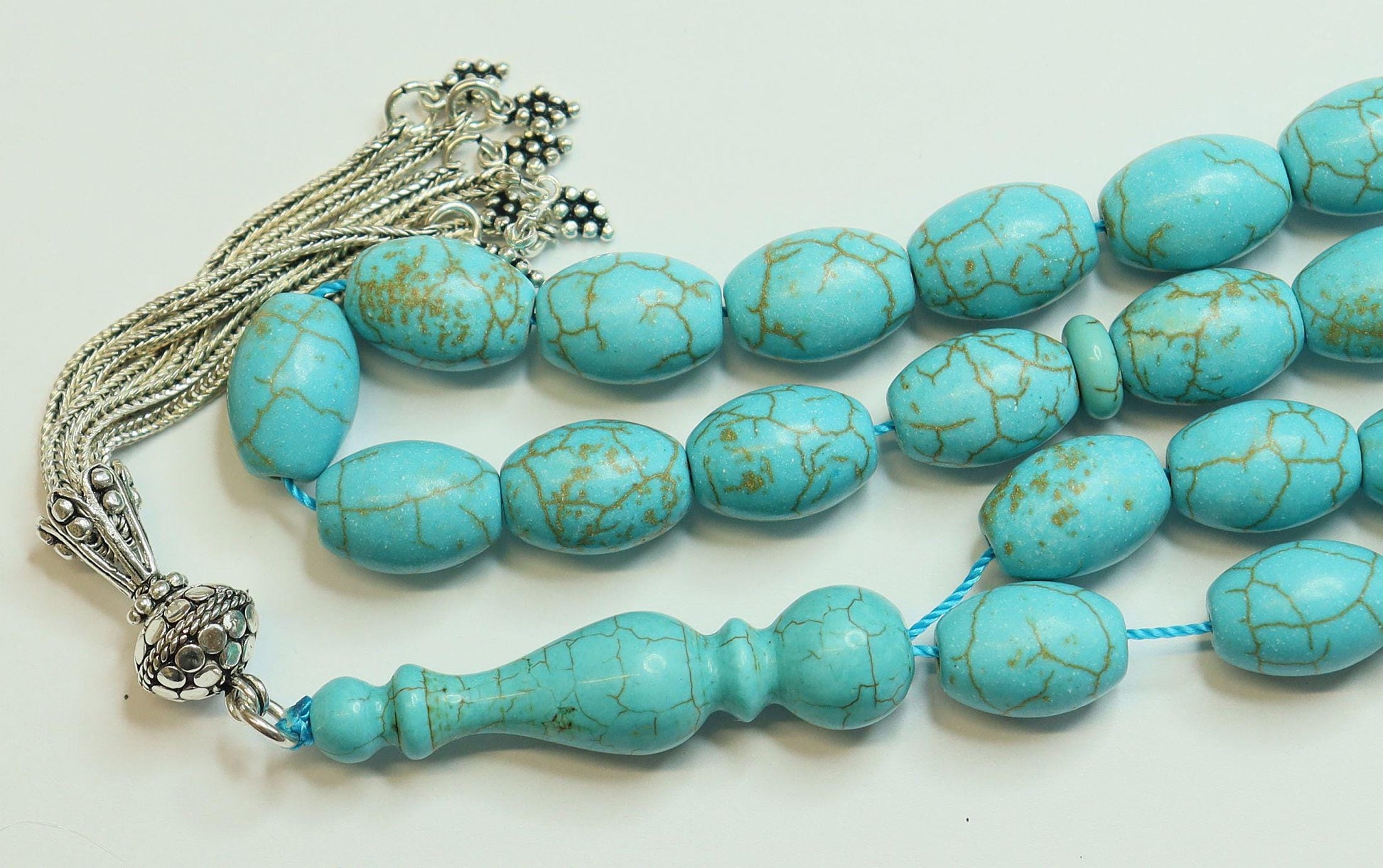Gold Matrix Turquoise Tesbih: Sterling Silver Tassel, Hand Carved Main Bead
