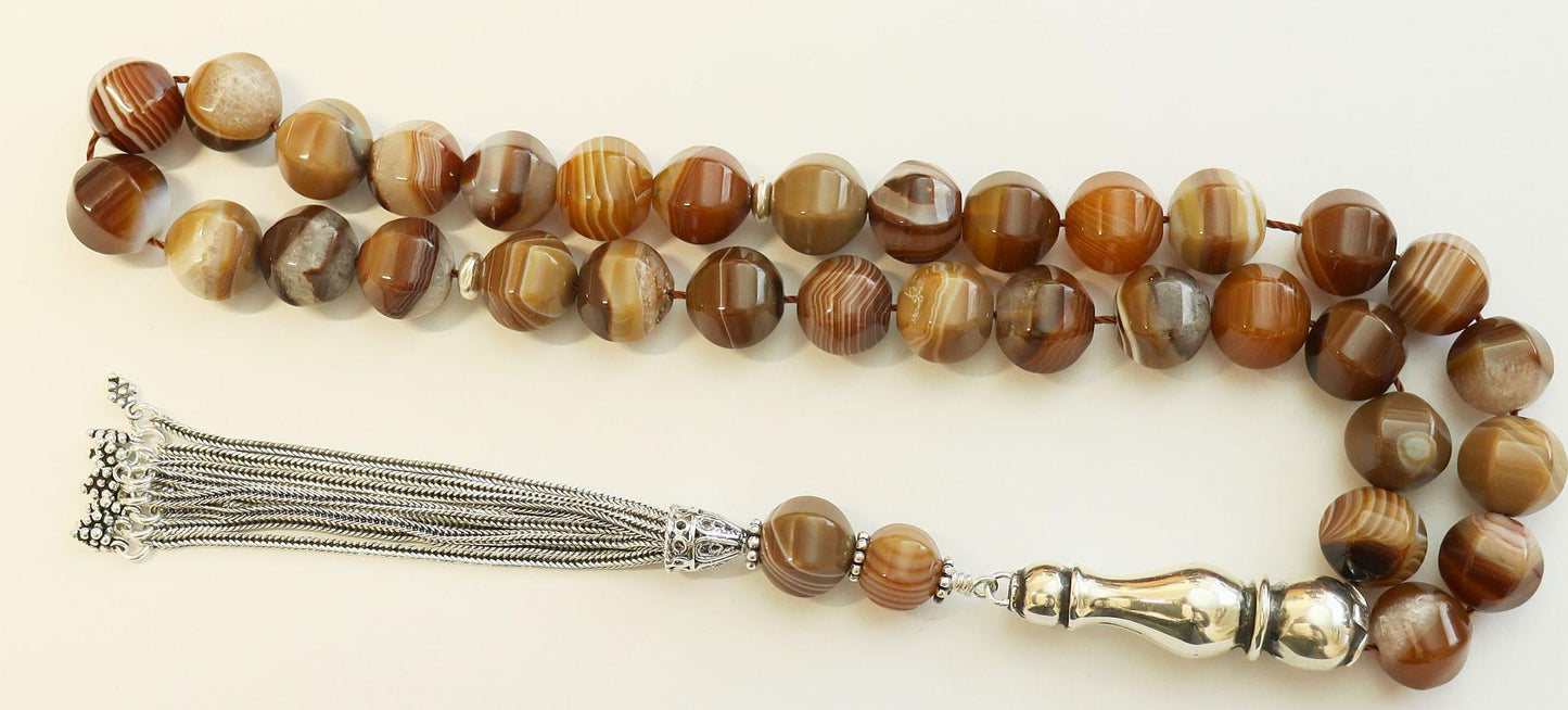 Luxury Banded Agate Tesbih Prayer Beads: Heavy Sterling Silver Tassel