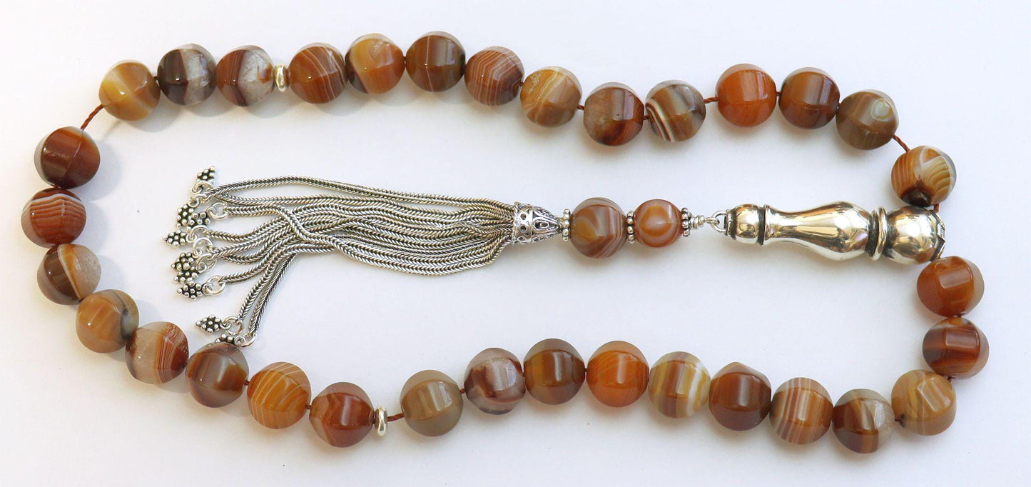 Luxury Tesbih Prayer Beads Rare Banded Agate & Heavy Sterling Silver - Top Quality - Collector's