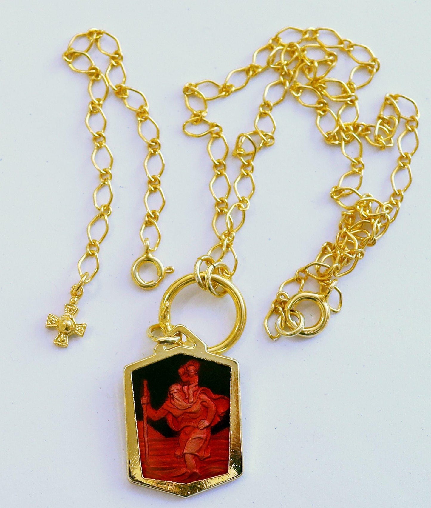 Saint Christopher Pendant Vintage Gold Plated and Enameled w Vermeil Chain and Extender