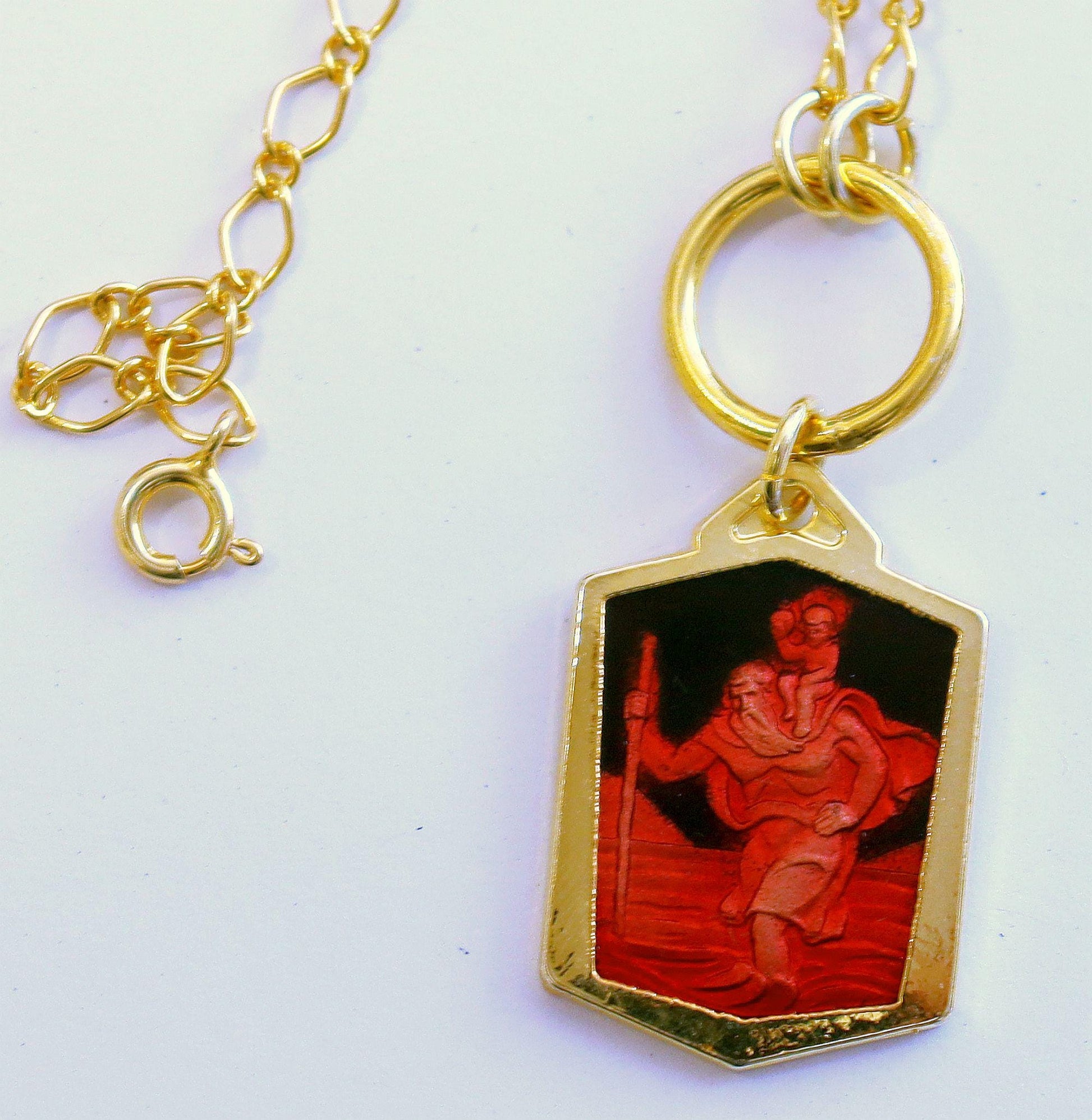 Saint Christopher Pendant Vintage Gold Plated and Enameled w Vermeil Chain and Extender