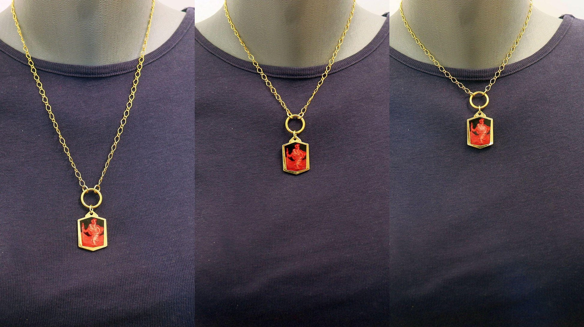 Saint Christopher Pendant Vintage Gold Plated and Enameled w Vermeil Chain and Extender