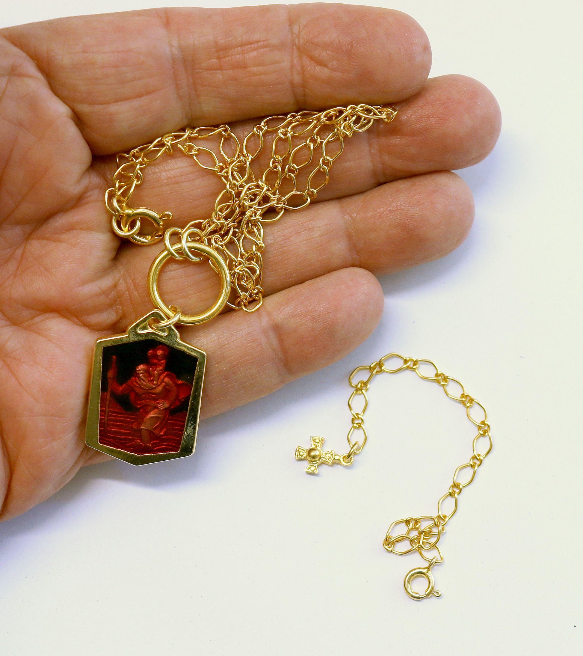 Saint Christopher Pendant Vintage Gold Plated and Enameled w Vermeil Chain and Extender