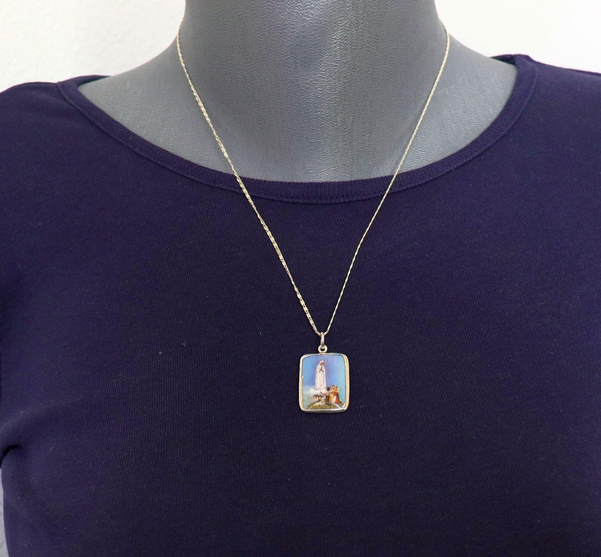 Fatima Apparition Medal Fine Enameled Serigraphy w Sterling Frame - 1930's