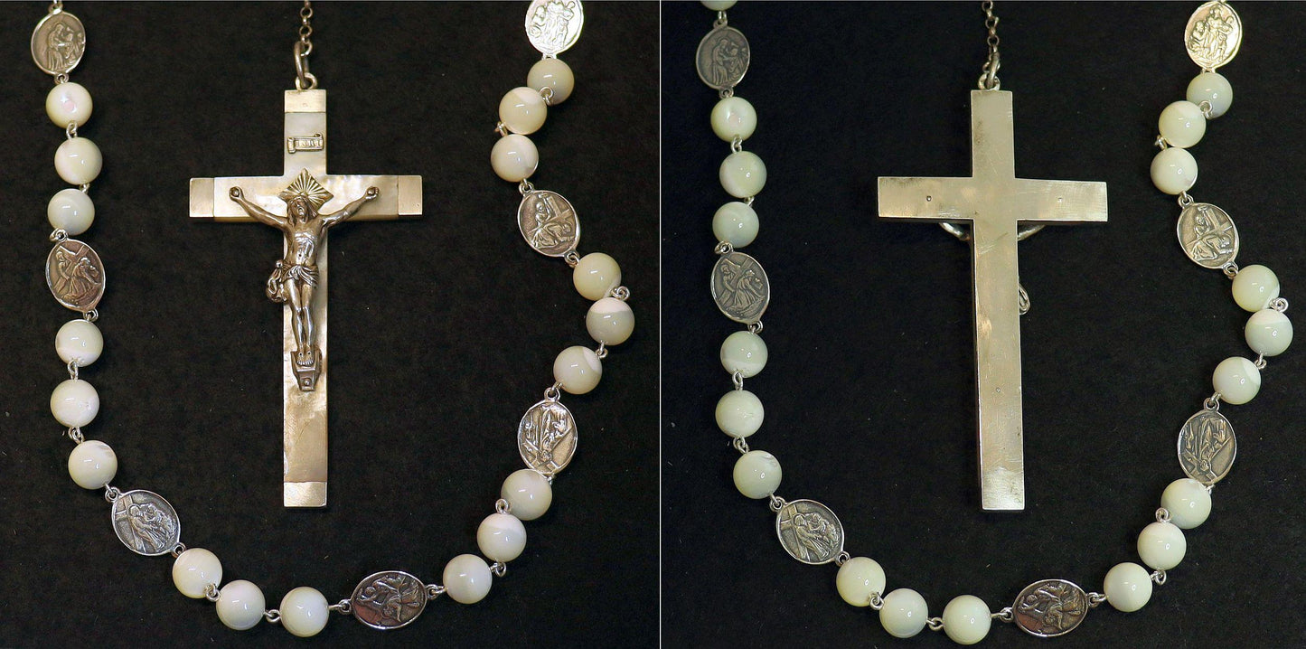 Stations of the Cross Rosary all Vintage Mother Of Pearl w 19th Cent Medals and Art Nouveau Crucifix ALL Sterling Silver Unique