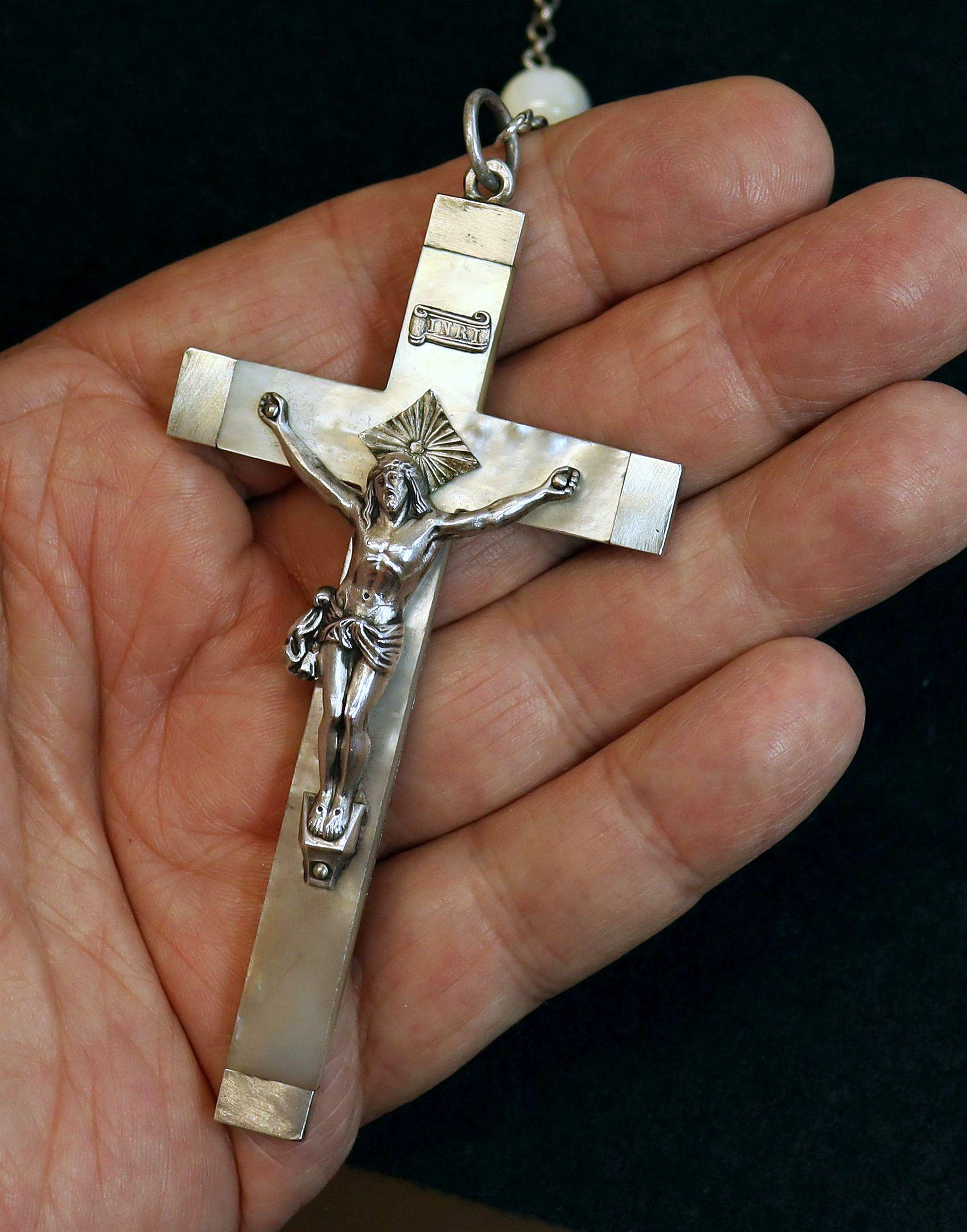 Stations of the Cross Rosary all Vintage Mother Of Pearl w 19th Cent Medals and Art Nouveau Crucifix ALL Sterling Silver Unique