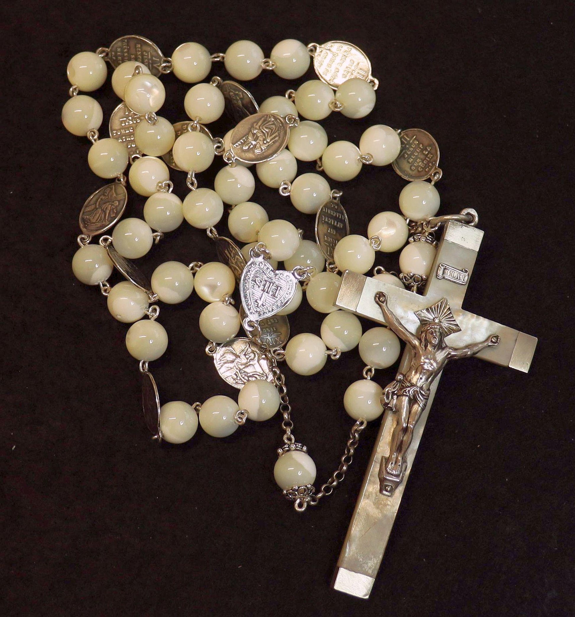 Stations of the Cross Rosary all Vintage Mother Of Pearl w 19th Cent Medals and Art Nouveau Crucifix ALL Sterling Silver Unique