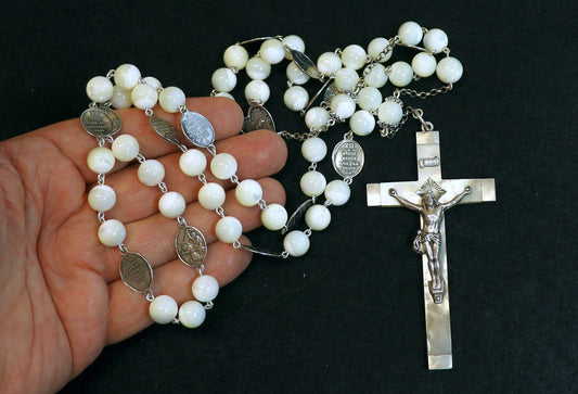 Stations of the Cross Rosary all Vintage Mother Of Pearl w 19th Cent Medals and Art Nouveau Crucifix ALL Sterling Silver Unique