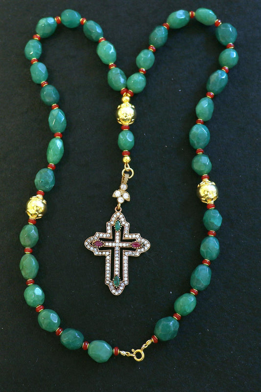Beaded Chotki, Komboskini, Genuine Emerald and Ruby w Vermeil Metal Parts - Unique and impressive ORTHODOX Rosary with Special Cross