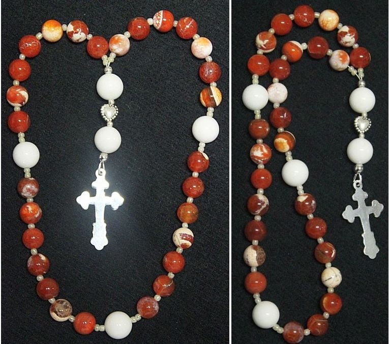 Anglican Episcopal Rosary Prayer Beads : Red Fire Crackled Agate White Jade and Sterling Silver
