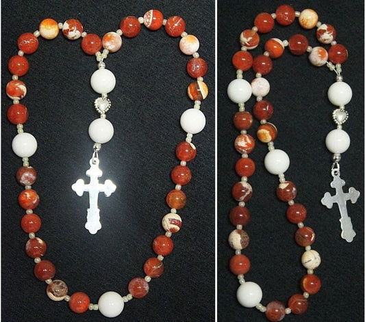 Anglican Episcopal Rosary Prayer Beads : Red Fire Crackled Agate White Jade and Sterling Silver