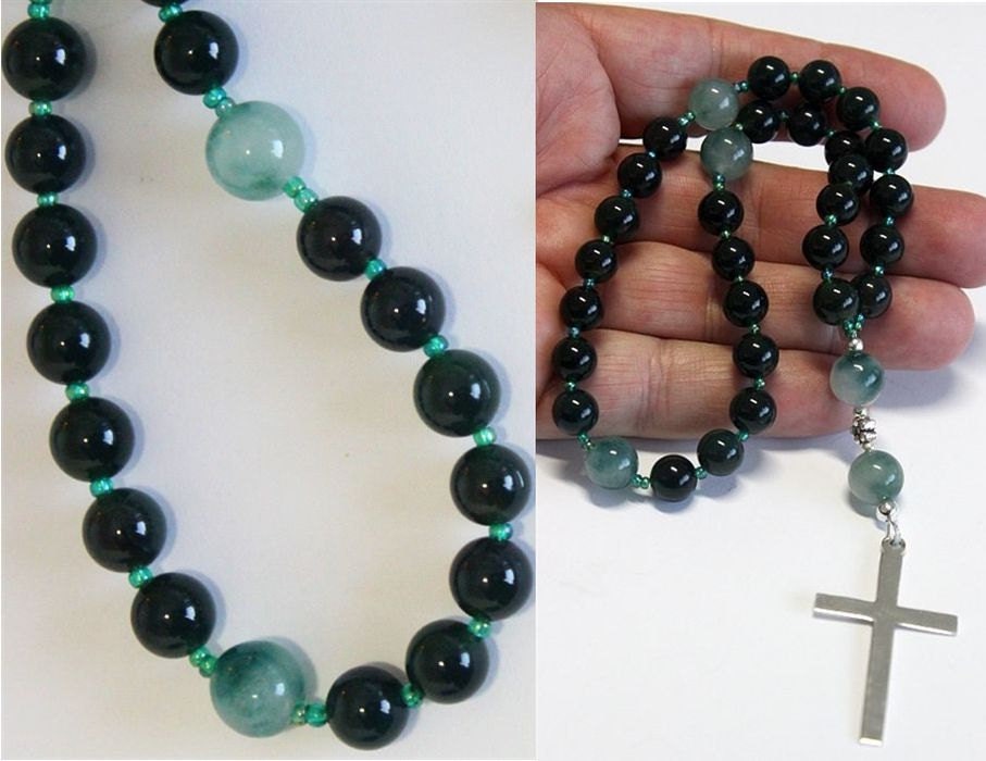 Anglican Episcopal Rosary Prayer Beads : Green Jade, Tree Agate and Sterling Silver