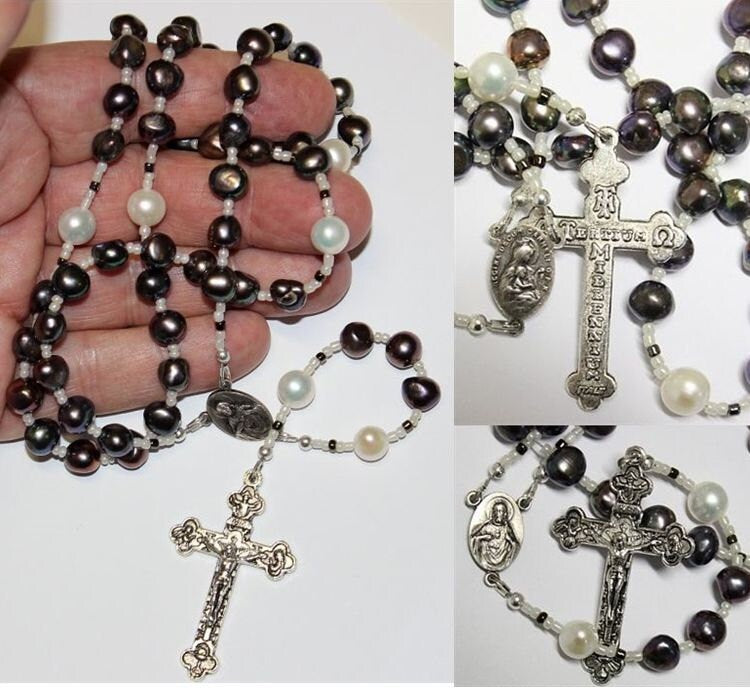 Catholic Rosay Prayer Beads Peacock Fresh Water Pearls