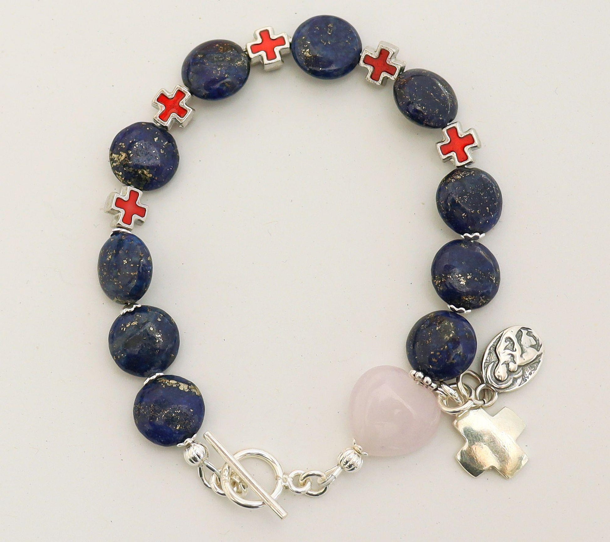 Catholic Rosary Bracelet : Lapis , Rose Quartz, Sterling Silver and Enamel