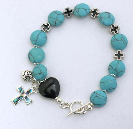 Catholic Rosary Bracelet : Turquoise, Onyx, Paua Shell, Sterling Silver and Enamel