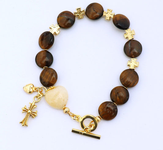 Catholic Rosary one Decade Bracelet : Tiger Eye, Lemon Jade and Vermeil