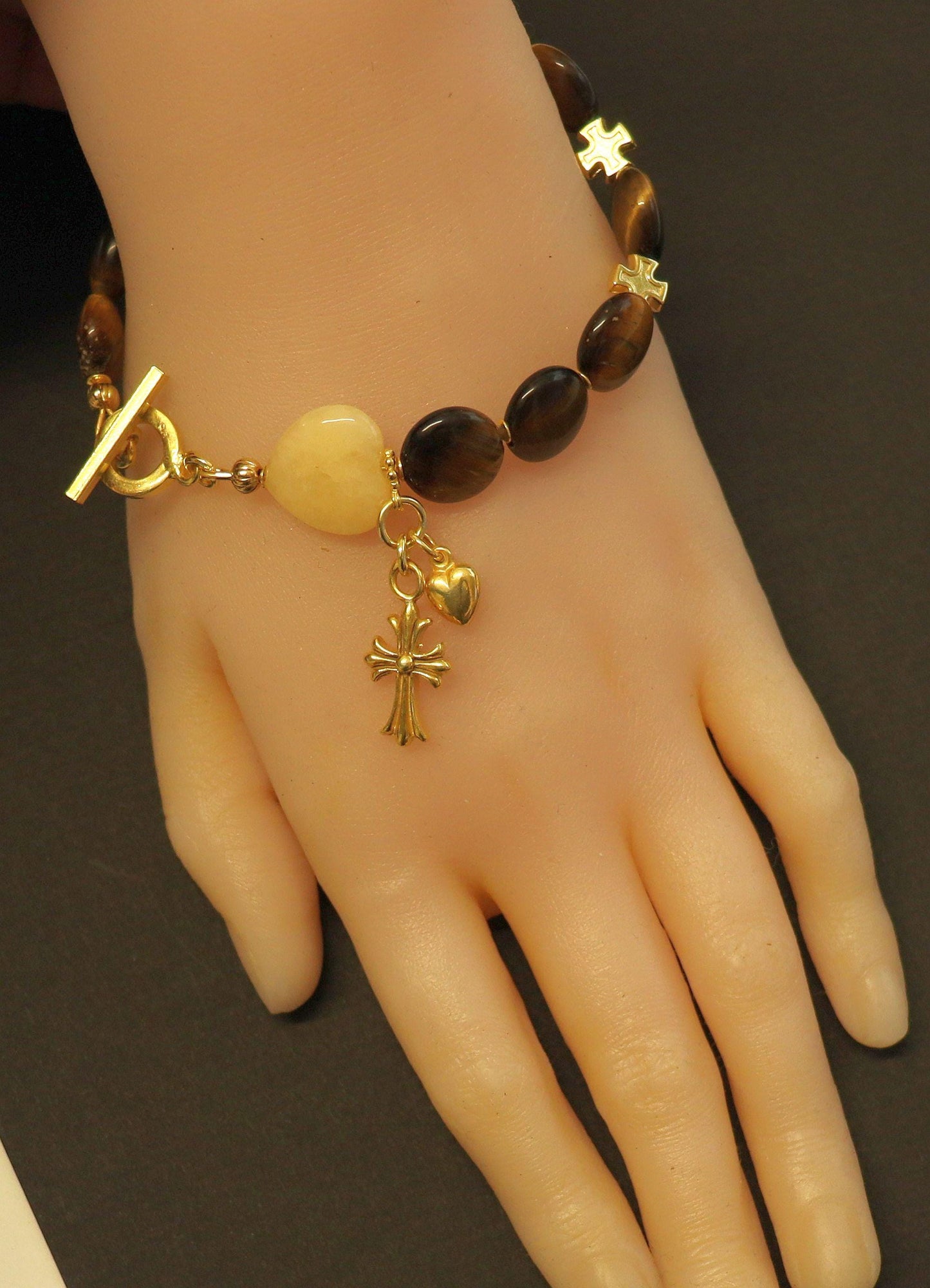 Catholic Rosary one Decade Bracelet : Tiger Eye, Lemon Jade and Vermeil