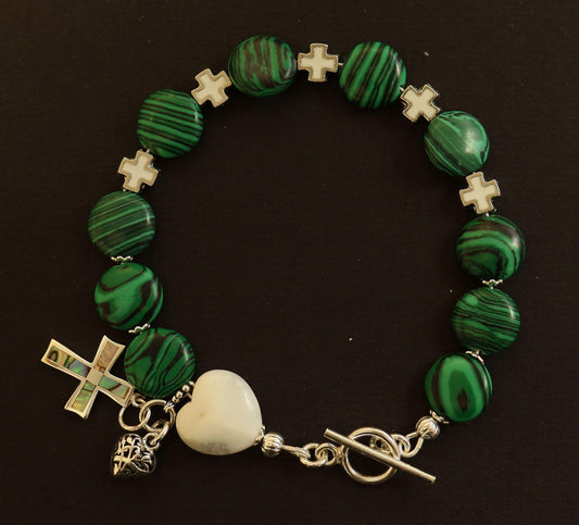 Catholic Rosary one Decade Bracelet : Malachite, White Jade, Paua Shell, Sterling Silver and Enamel
