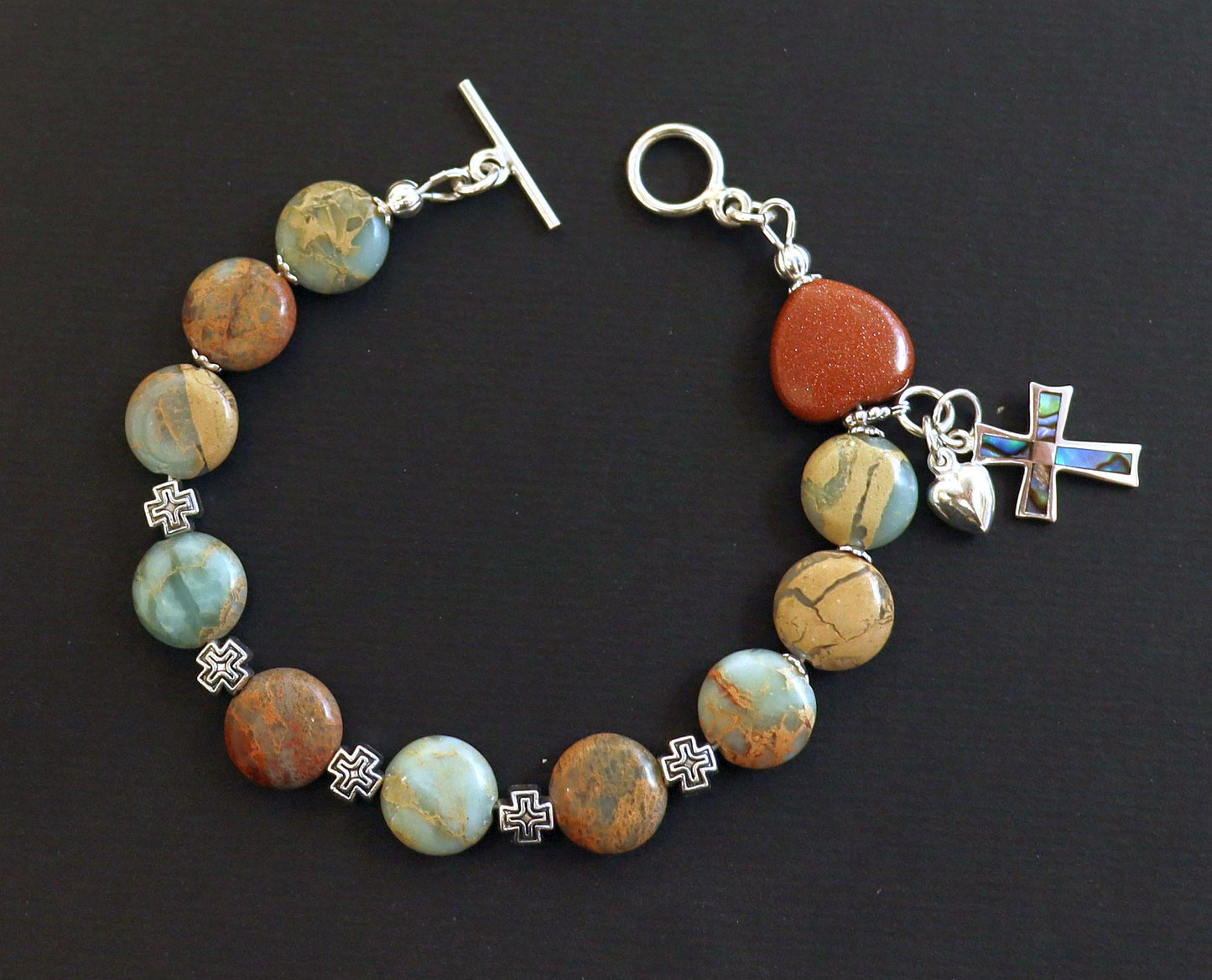 Catholic Rosary one Decade Bracelet : Variscite, Goldstone, Paua Shell, Sterling Silver and Enamel