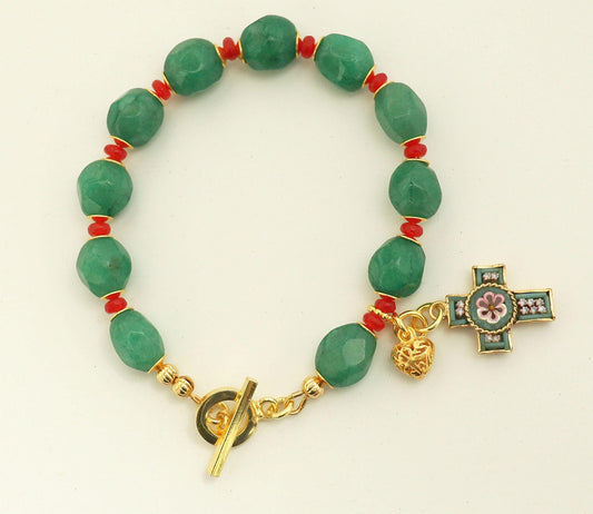 Catholic Rosary Bracelet Faceted Genuine Emerald and Ruby, Vermeil, Micromosaic Vintage Cross