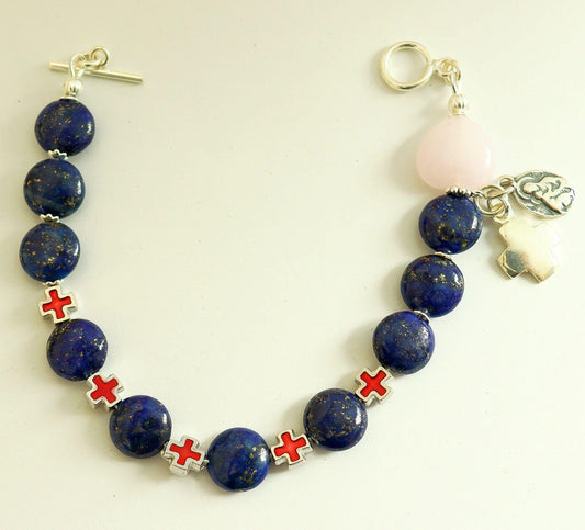 Catholic Rosary Bracelet : Lapis , Rose Quartz, Sterling Silver and Enamel