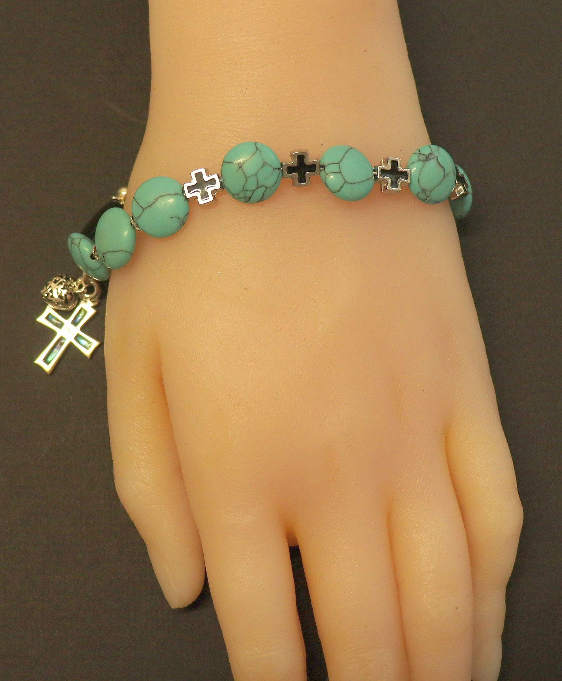Catholic Rosary one Decade Bracelet : Turquoise, Onyx, Paua Shell, Sterling Silver and Enamel