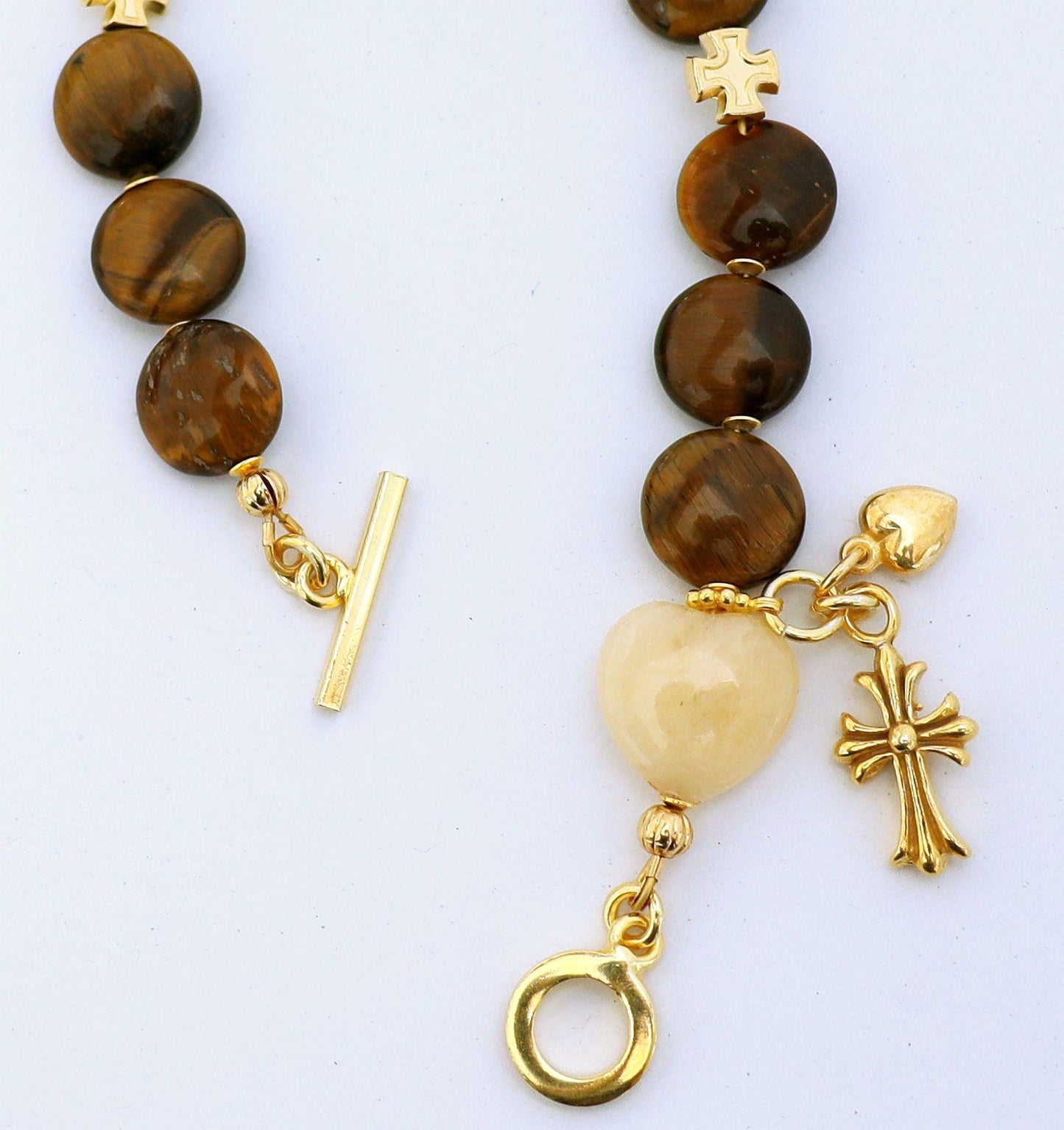 Catholic Rosary one Decade Bracelet : Tiger Eye, Lemon Jade and Vermeil