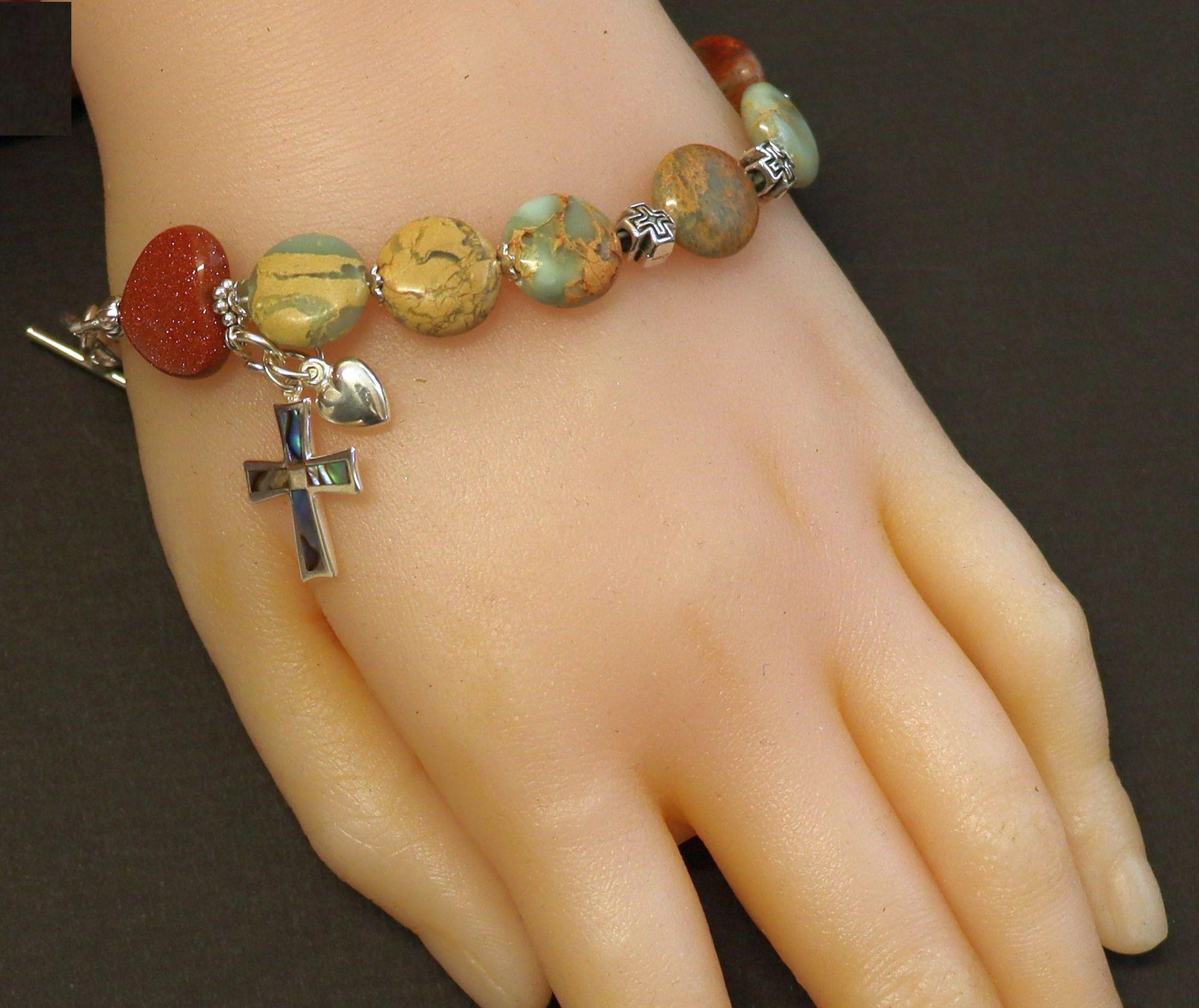 Catholic Rosary one Decade Bracelet : Variscite, Goldstone, Paua Shell, Sterling Silver and Enamel