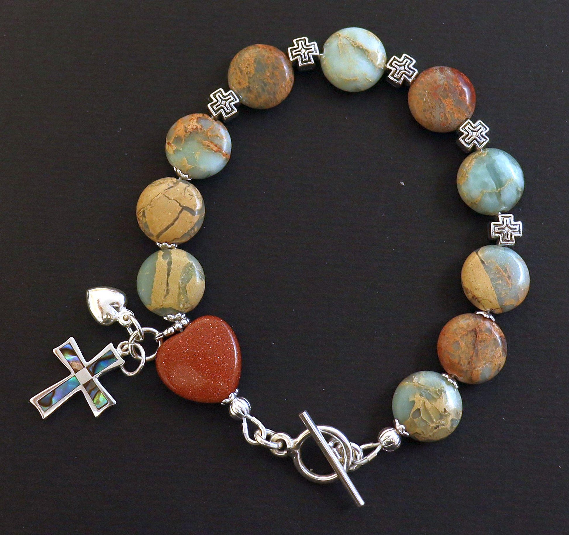 Catholic Rosary one Decade Bracelet : Variscite, Goldstone, Paua Shell, Sterling Silver and Enamel