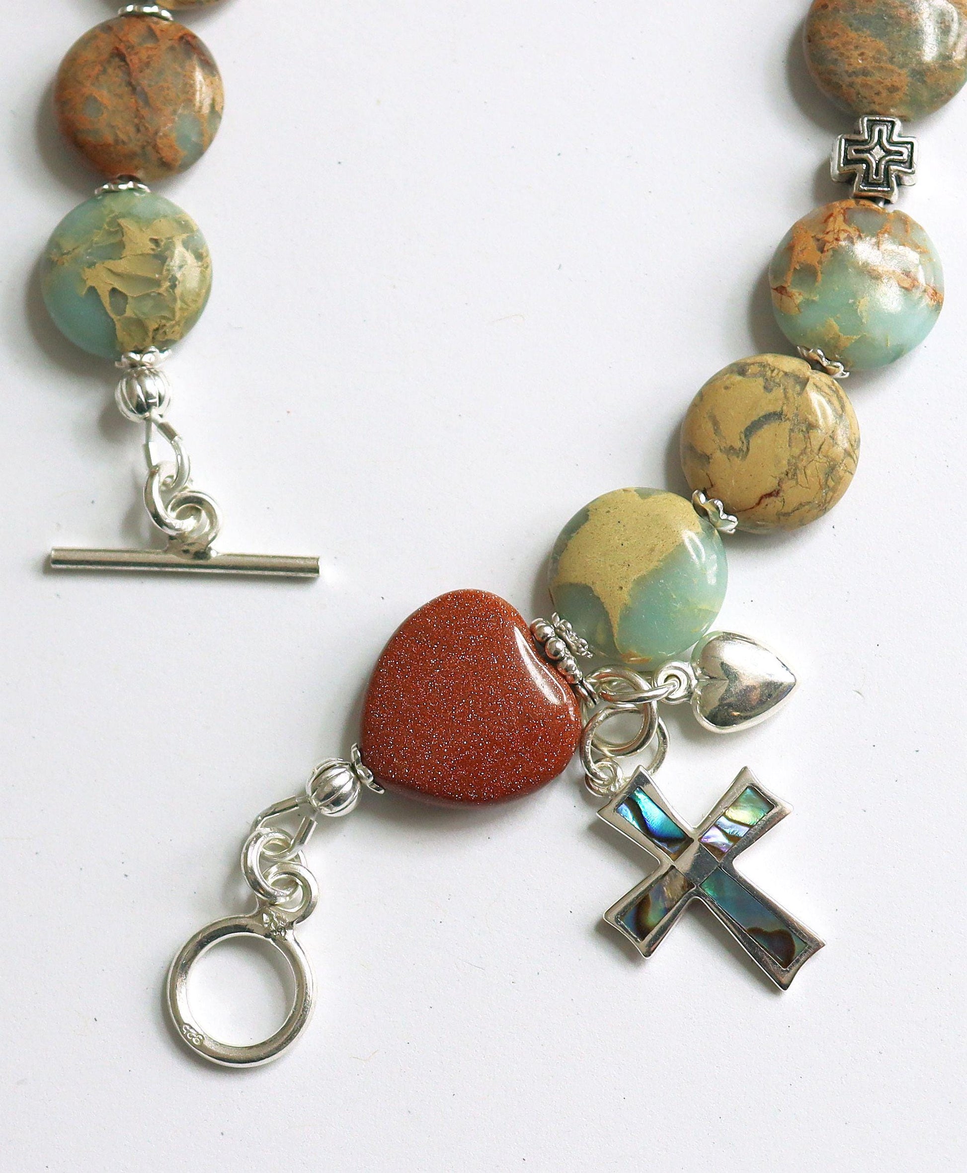 Catholic Rosary one Decade Bracelet : Variscite, Goldstone, Paua Shell, Sterling Silver and Enamel