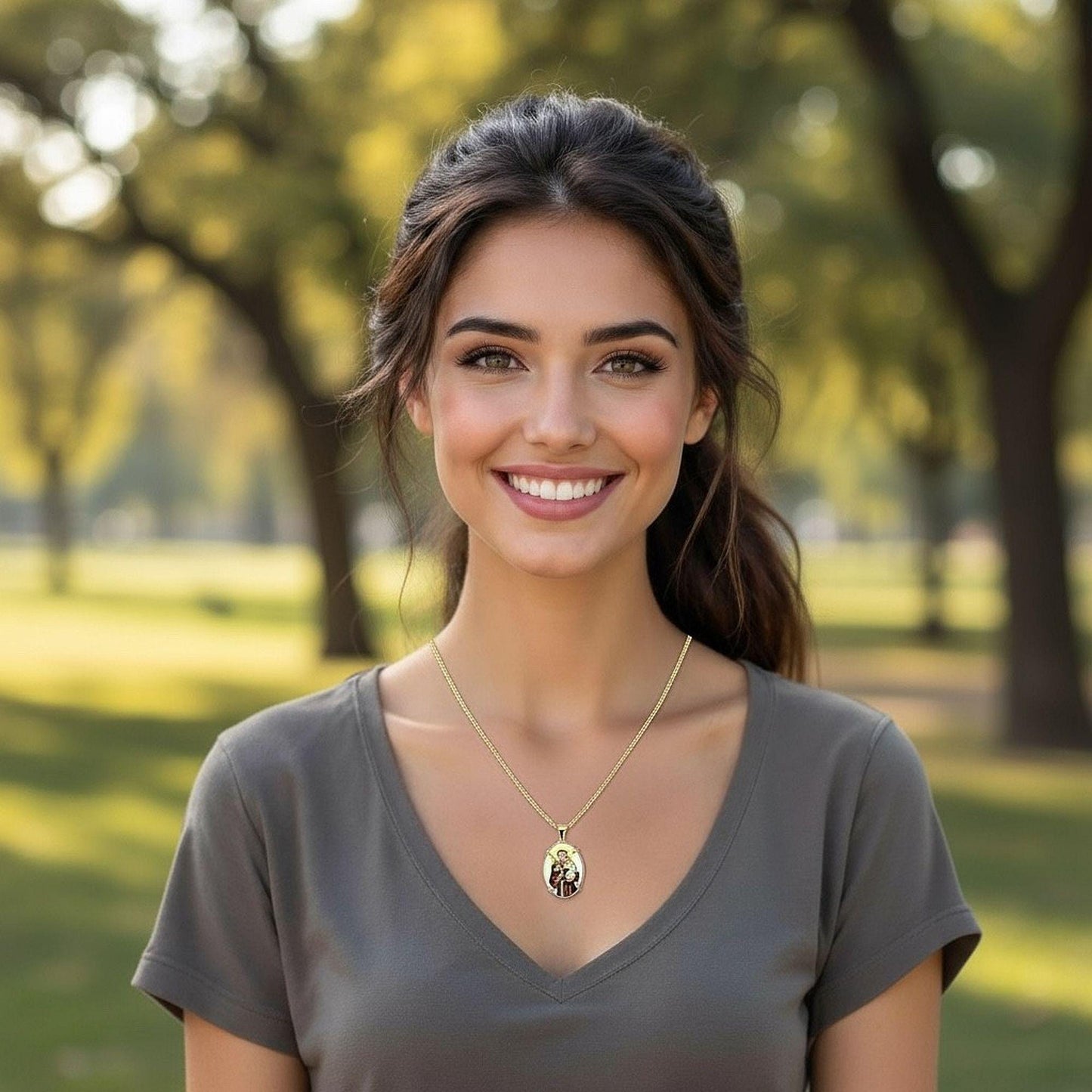 Hand Painted St. Anthony Enameled Vintage Medal w Sterling Silver Necklace