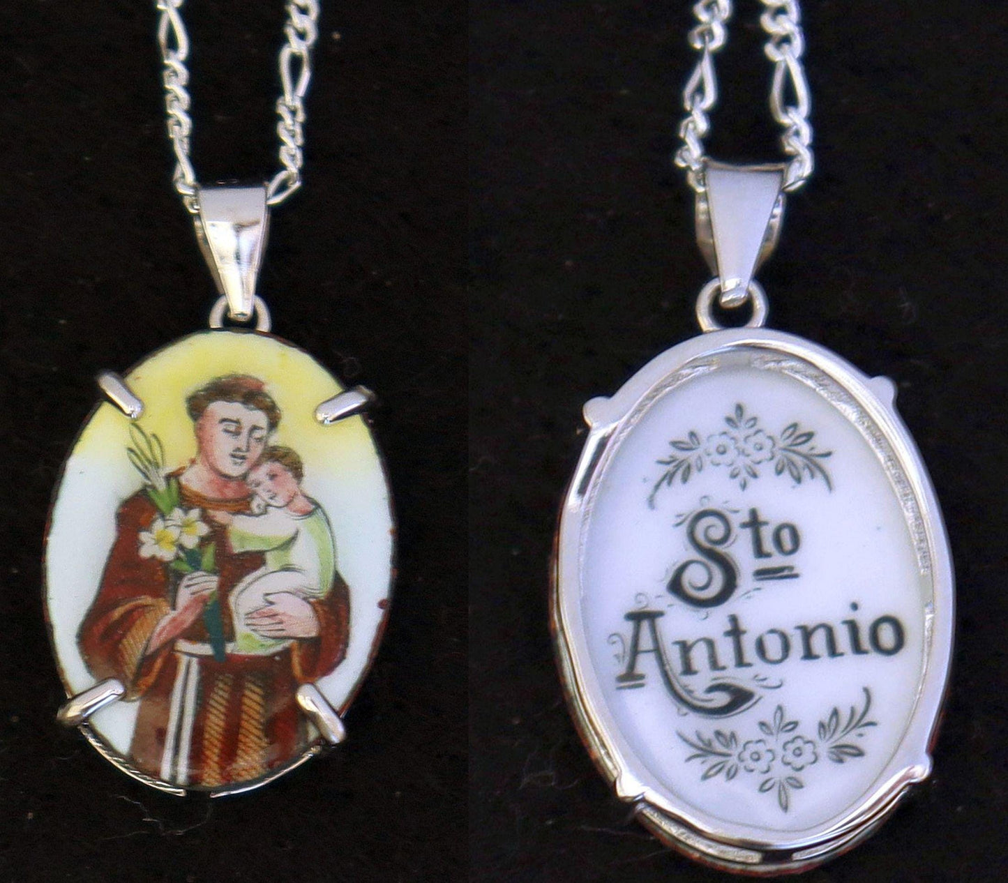 Hand Painted St. Anthony Enameled Vintage Medal w Sterling Silver Necklace