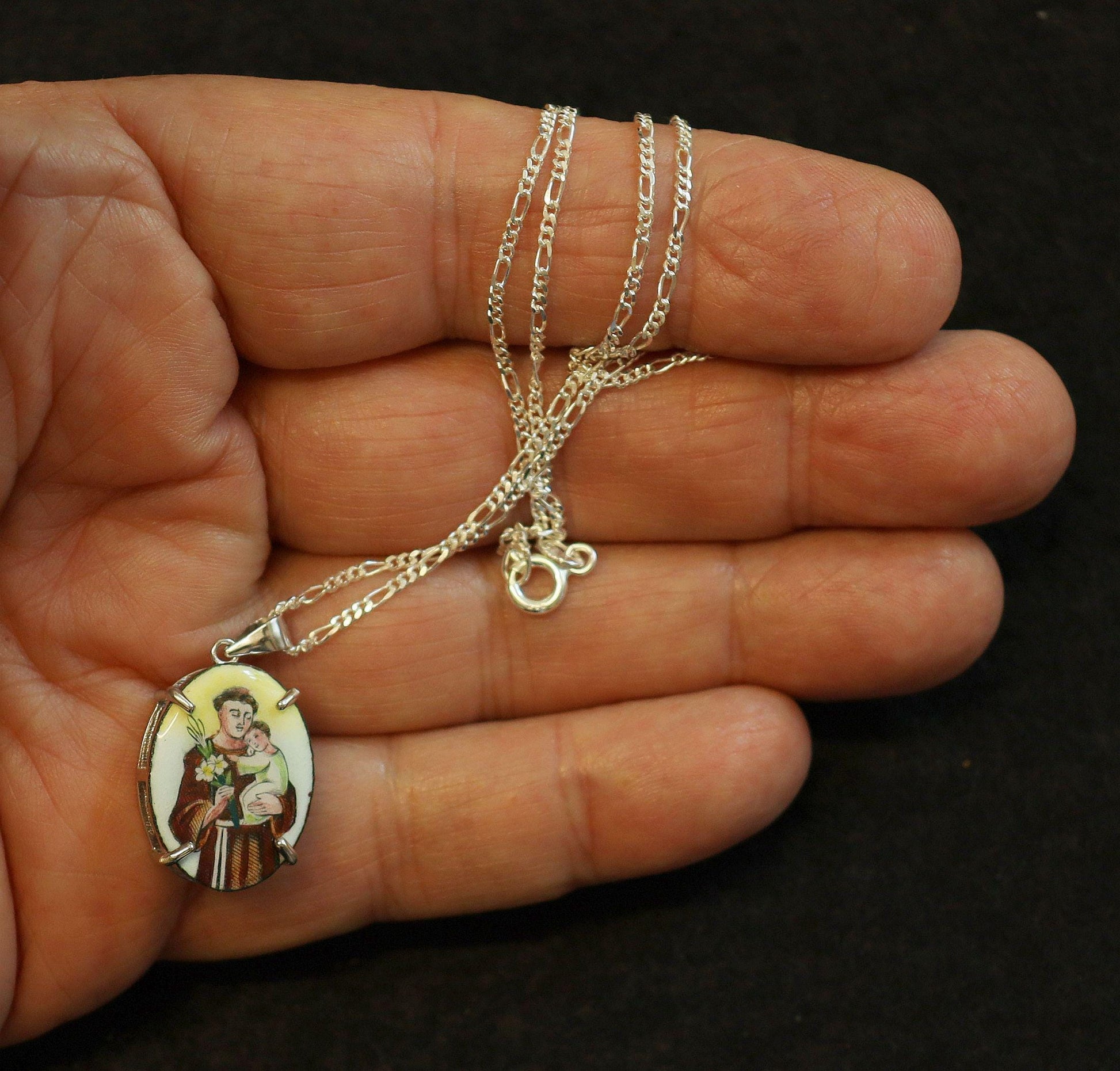 Hand Painted St. Anthony Enameled Vintage Medal w Sterling Silver Necklace