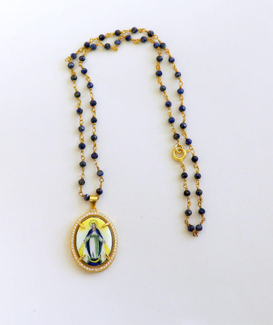 Hand Painted Our Lady of Graces Medal Necklace: Vermeil Zircon Frame, Lapis Rosary Chain