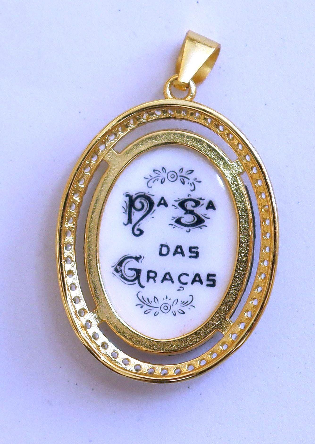 Hand Painted Our Lady of Graces Medal Necklace: Vermeil Zircon Frame, Lapis Rosary Chain