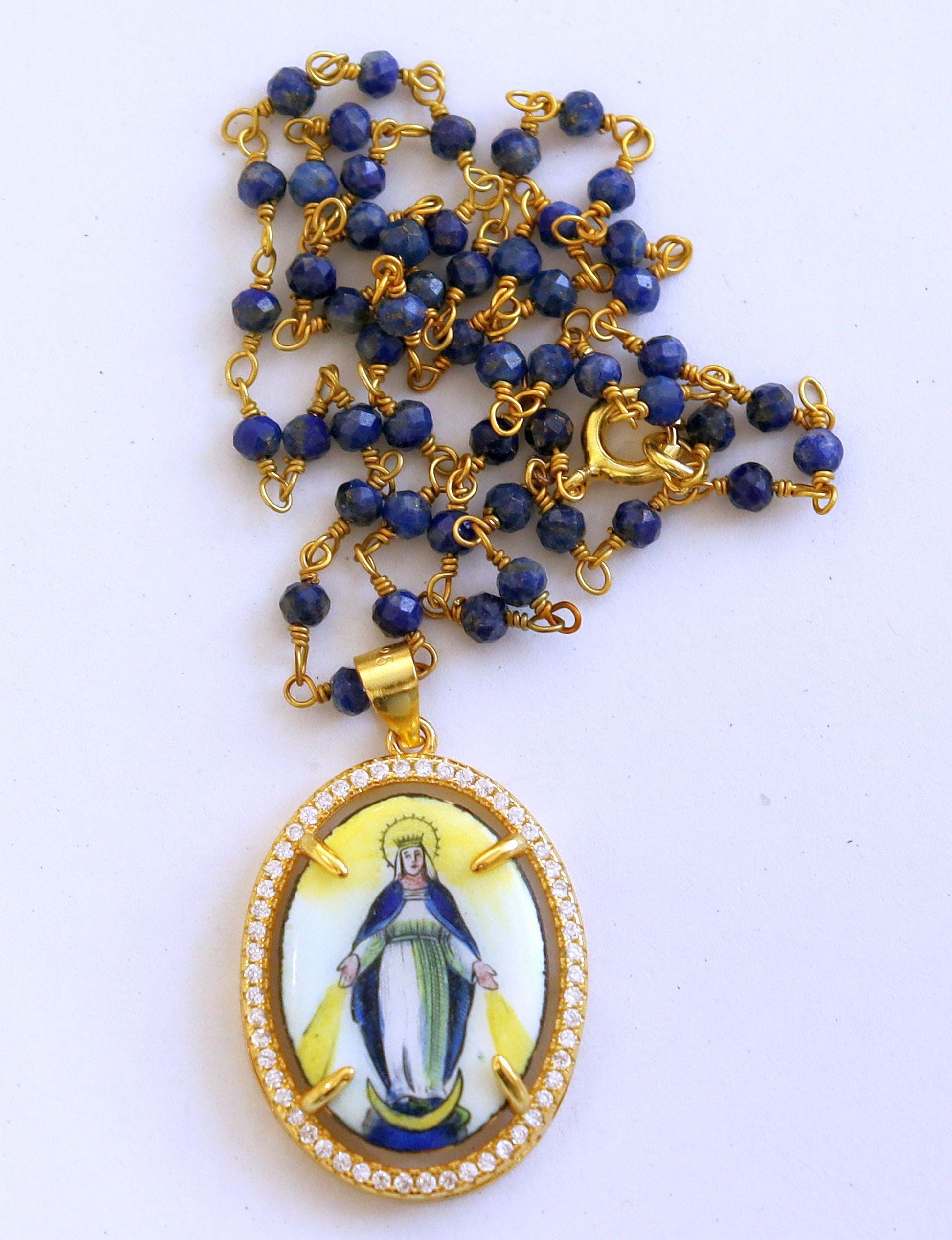 Hand Painted Our Lady of Graces Medal Necklace: Vermeil Zircon Frame, Lapis Rosary Chain