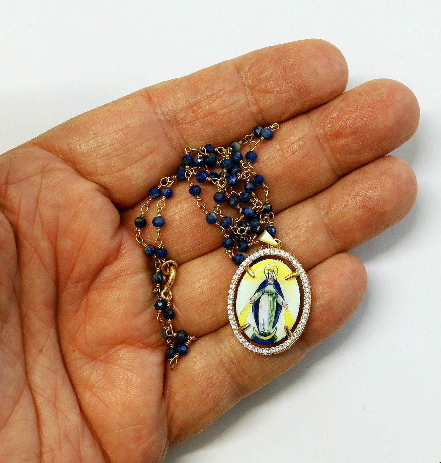 Hand Painted Our Lady of Graces Medal Necklace: Vermeil Zircon Frame, Lapis Rosary Chain