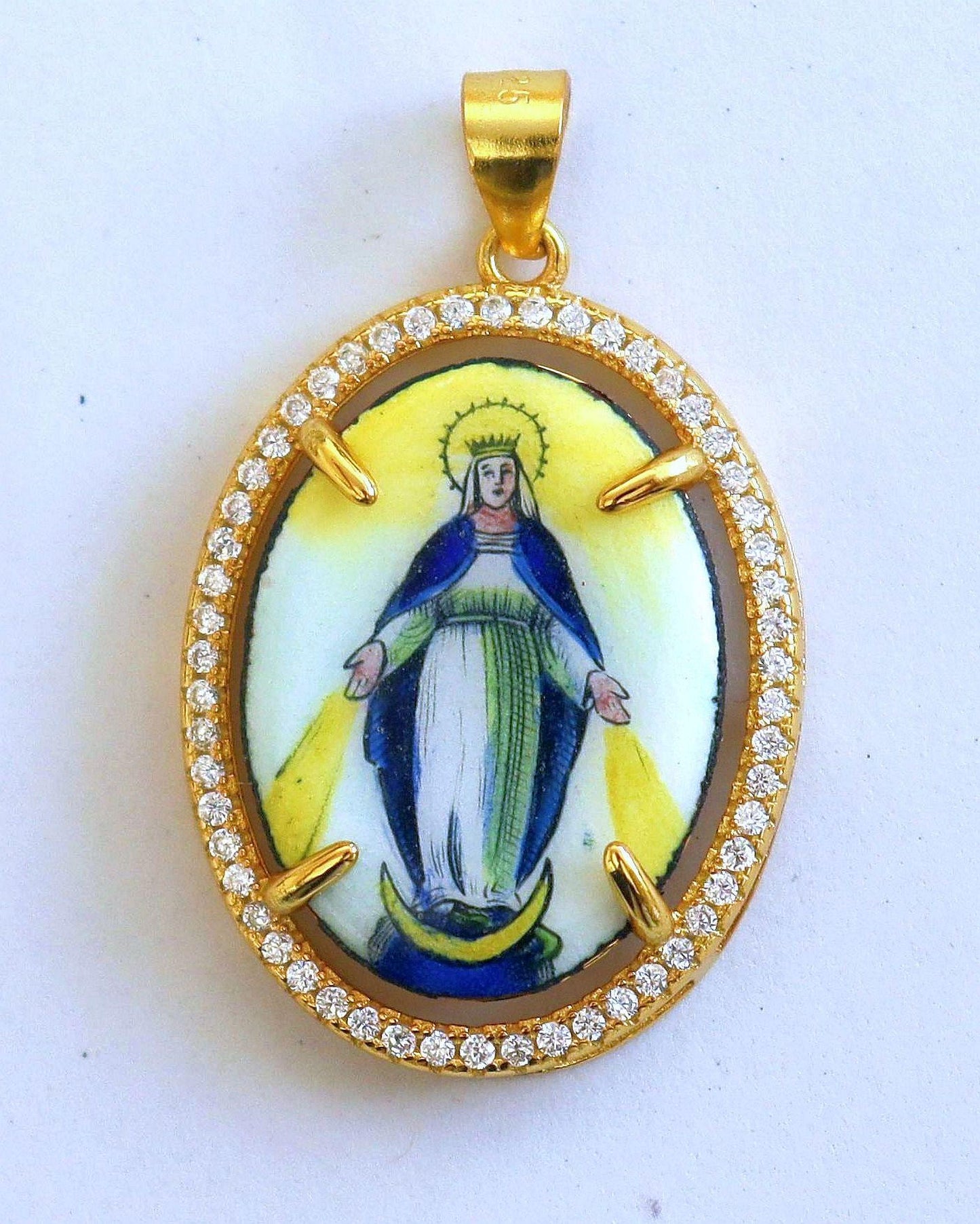 Hand Painted Our Lady of Graces Medal Necklace: Vermeil Zircon Frame, Lapis Rosary Chain