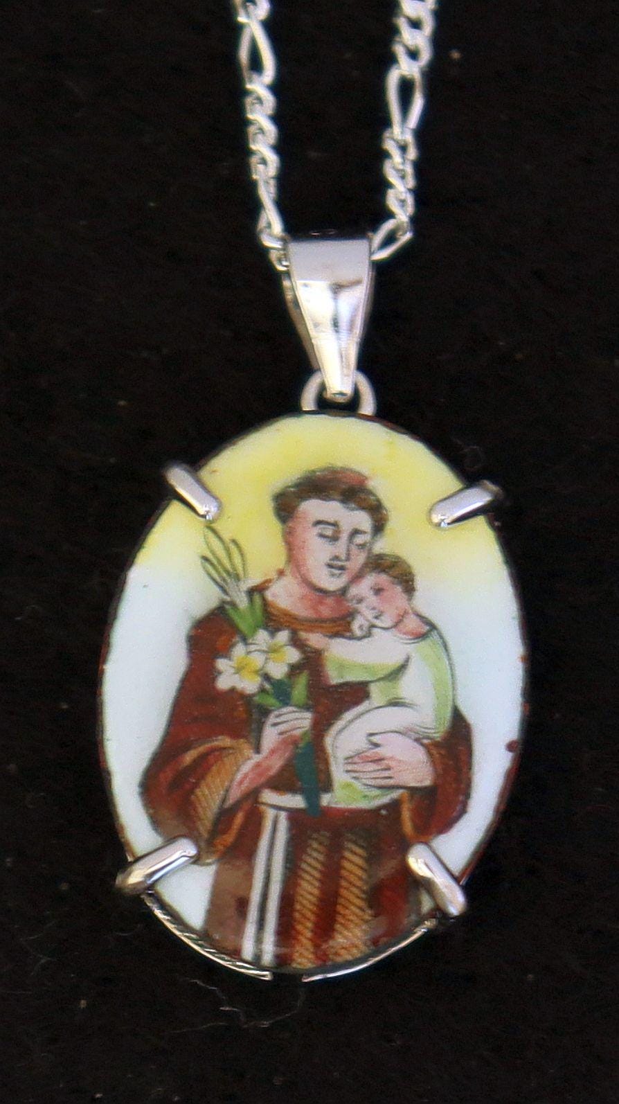 Hand Painted St. Anthony Enameled Vintage Medal w Sterling Silver Necklace