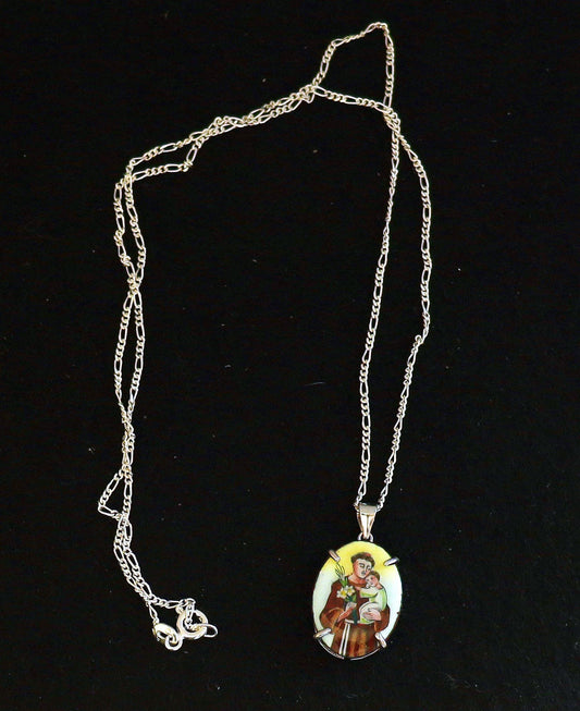 Hand Painted St. Anthony Enameled Vintage Medal w Sterling Silver Necklace