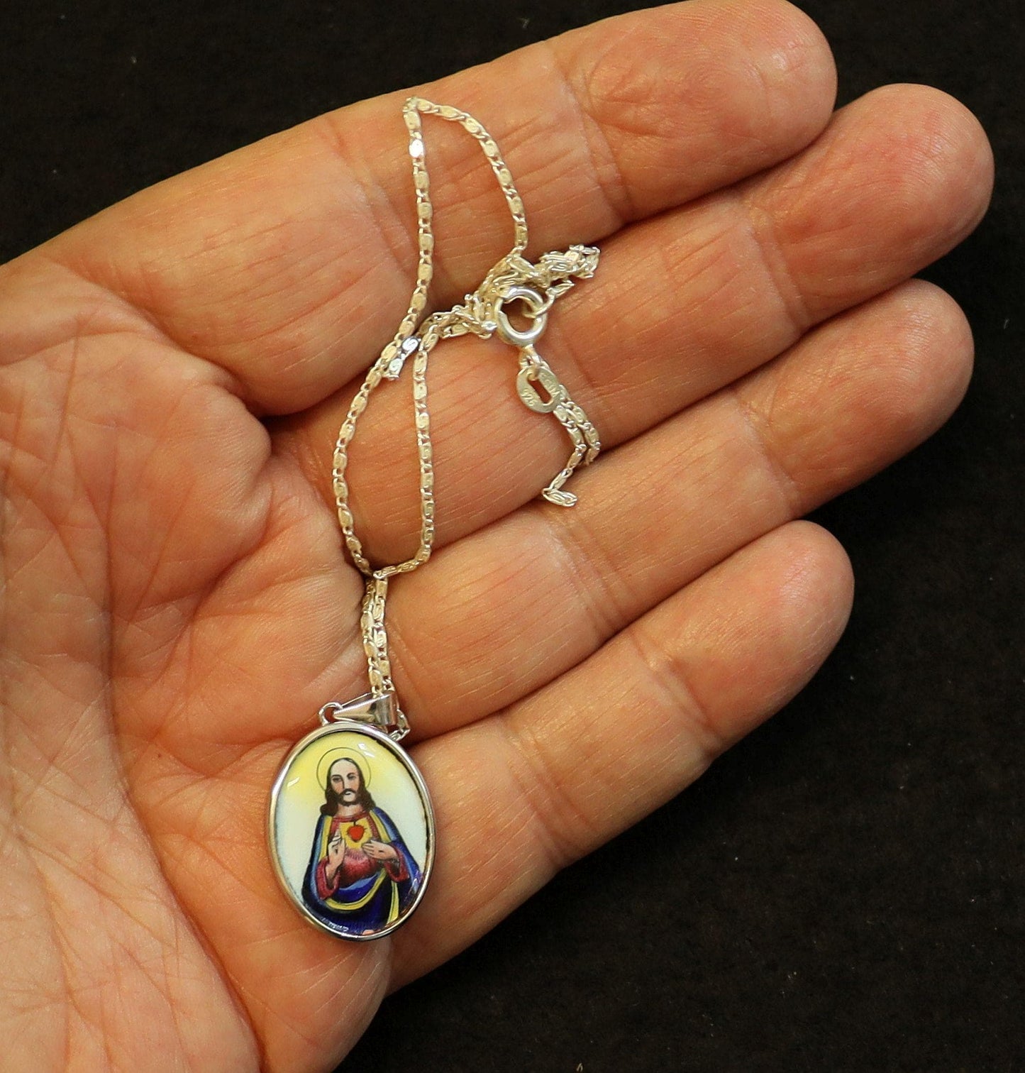 Hand Painted Sacred Heart of Jesus Enameled Vintage Medal w Sterling Silver Necklace