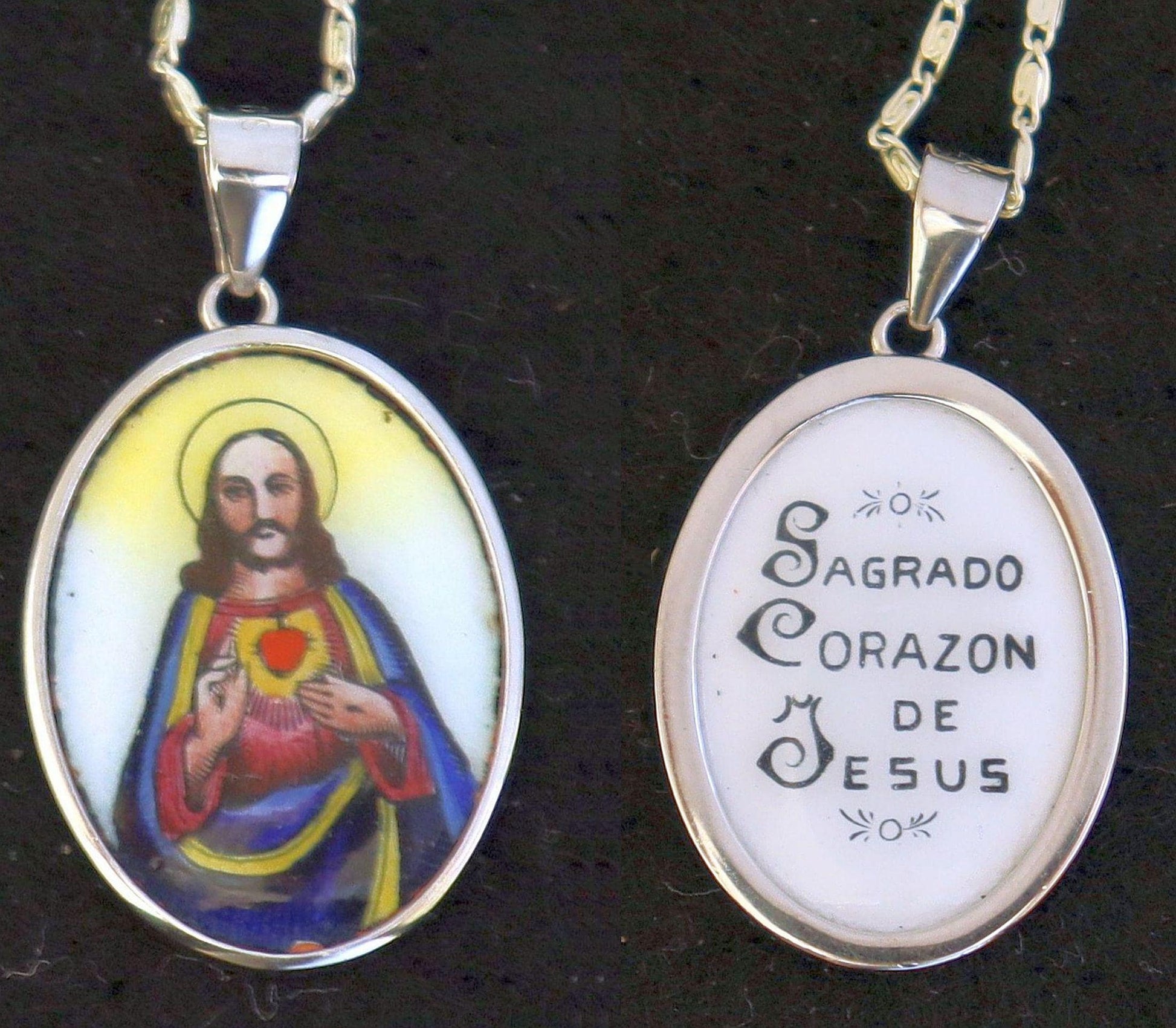 Hand Painted Sacred Heart of Jesus Enameled Vintage Medal w Sterling Silver Necklace