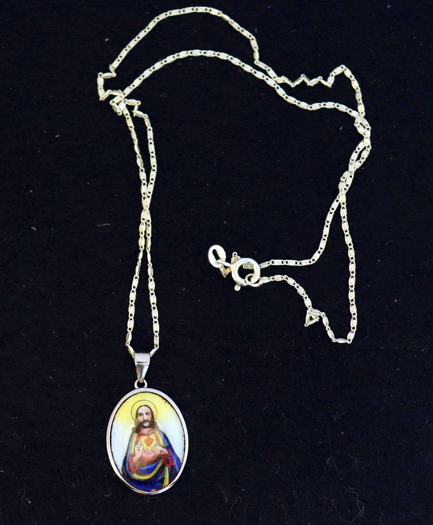 Hand Painted Sacred Heart of Jesus Enameled Vintage Medal w Sterling Silver Necklace