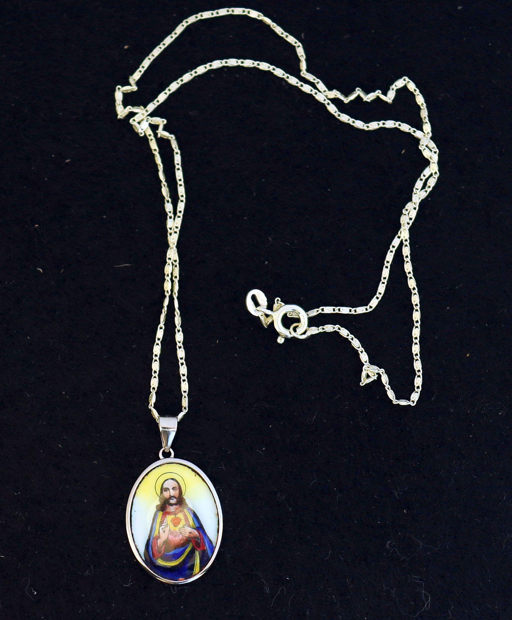 Hand Painted Sacred Heart of Jesus Enameled Vintage Medal w Sterling Silver Necklace
