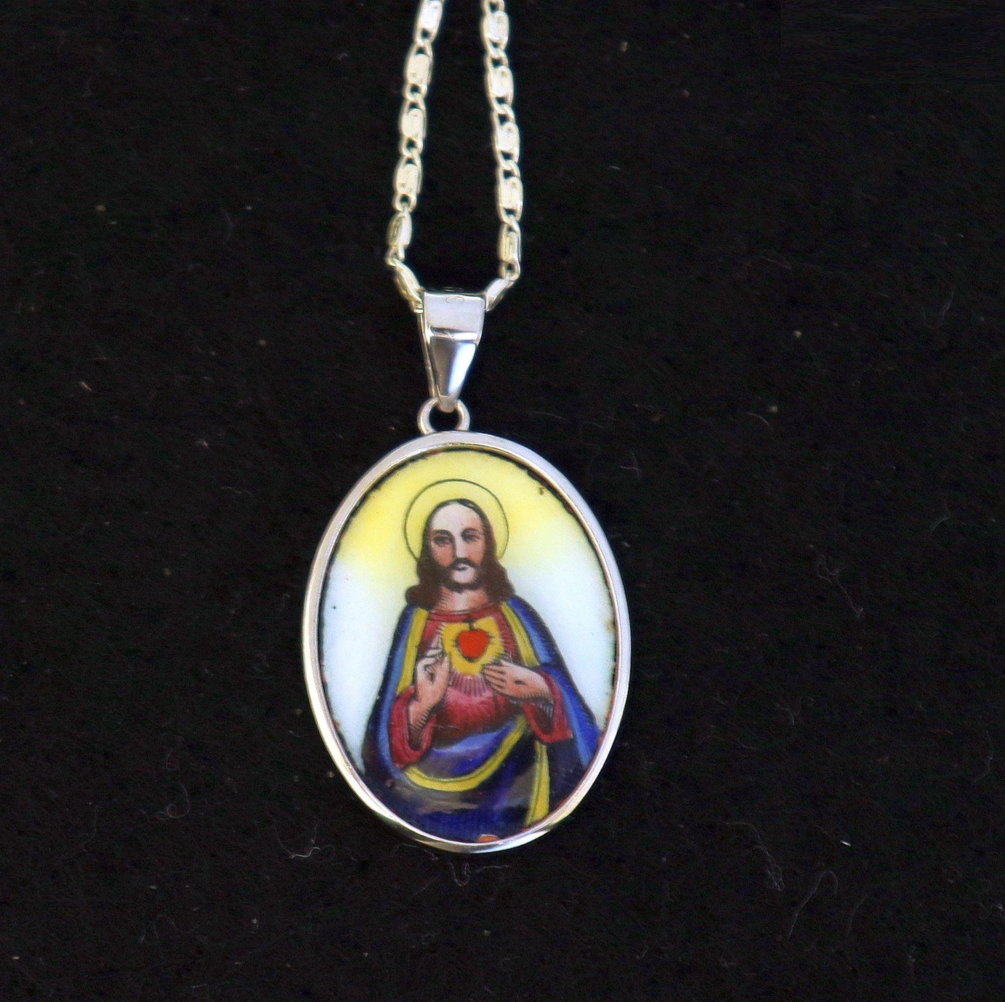 Hand Painted Sacred Heart of Jesus Enameled Vintage Medal w Sterling Silver Necklace