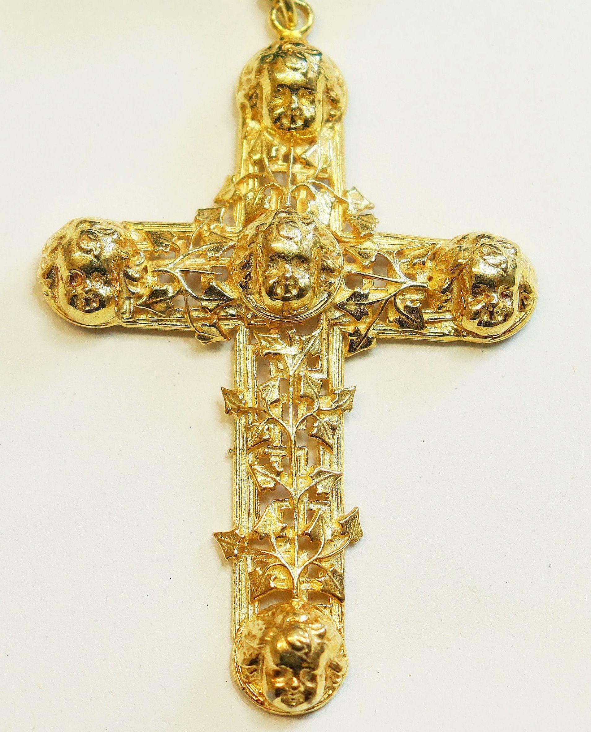 Emerald, Ruby, Vermeil Necklace: Gold Angel Cross, removable, two uses